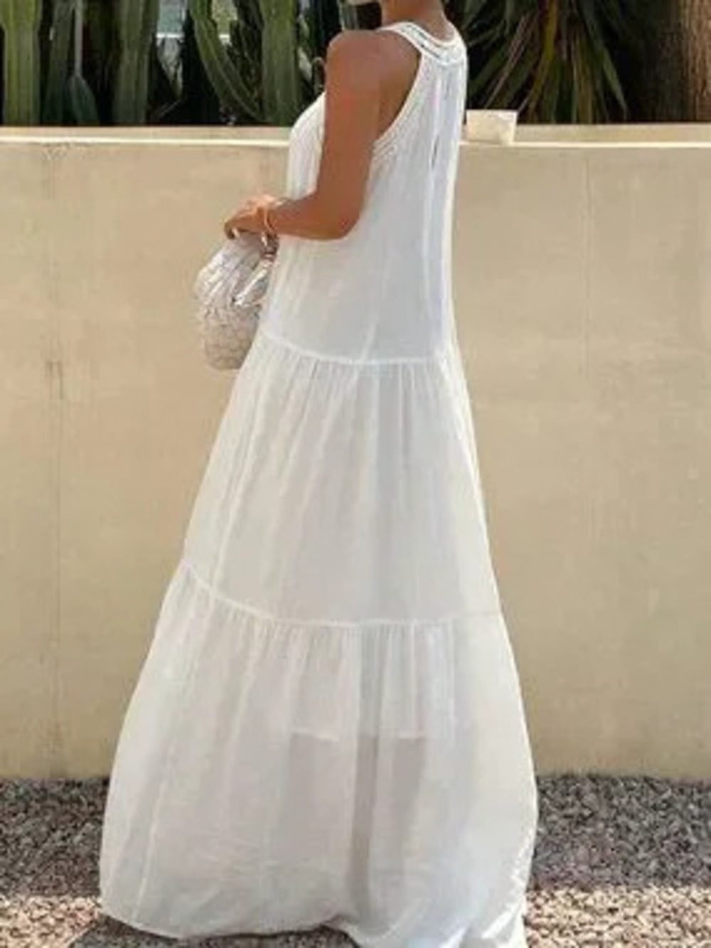 White Boho Women's Vacation Ruffle Hem Sundress